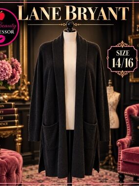 💕Lane Bryant 14/16 Black Long Open Front Shawl Collar Cardigan Pockets
